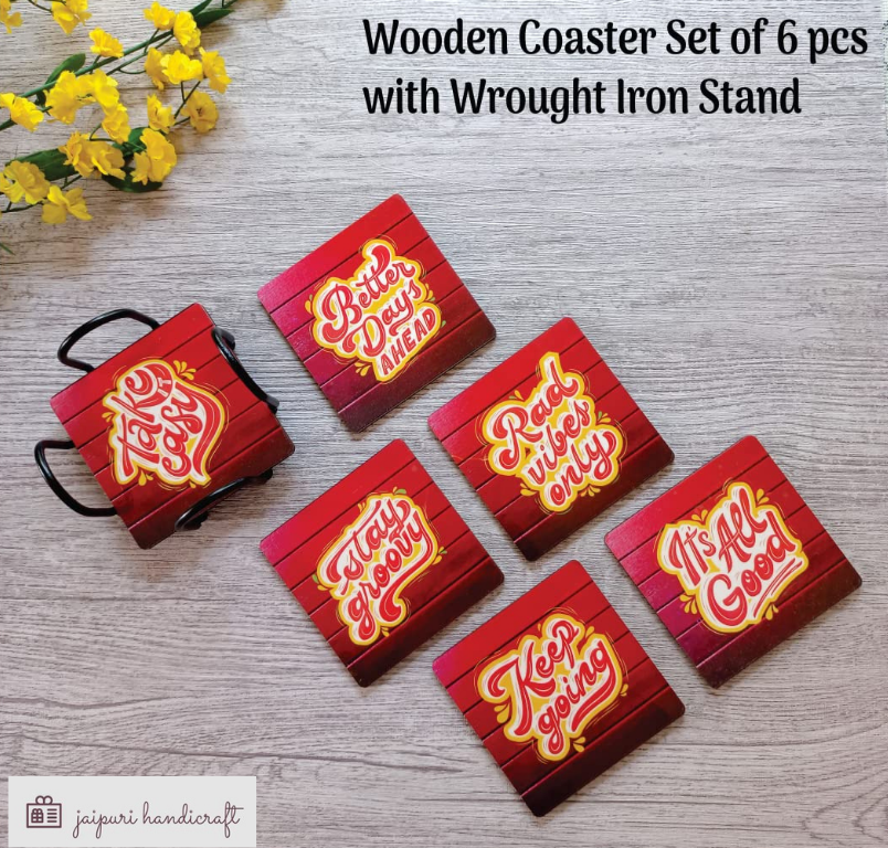 Wooden Coaster Set of 6 with Wrought Iron Coaster Stand; Designer Coaster Set for Tea Cups, Coffee Mugs and Glasses (Scarlet Quotes)