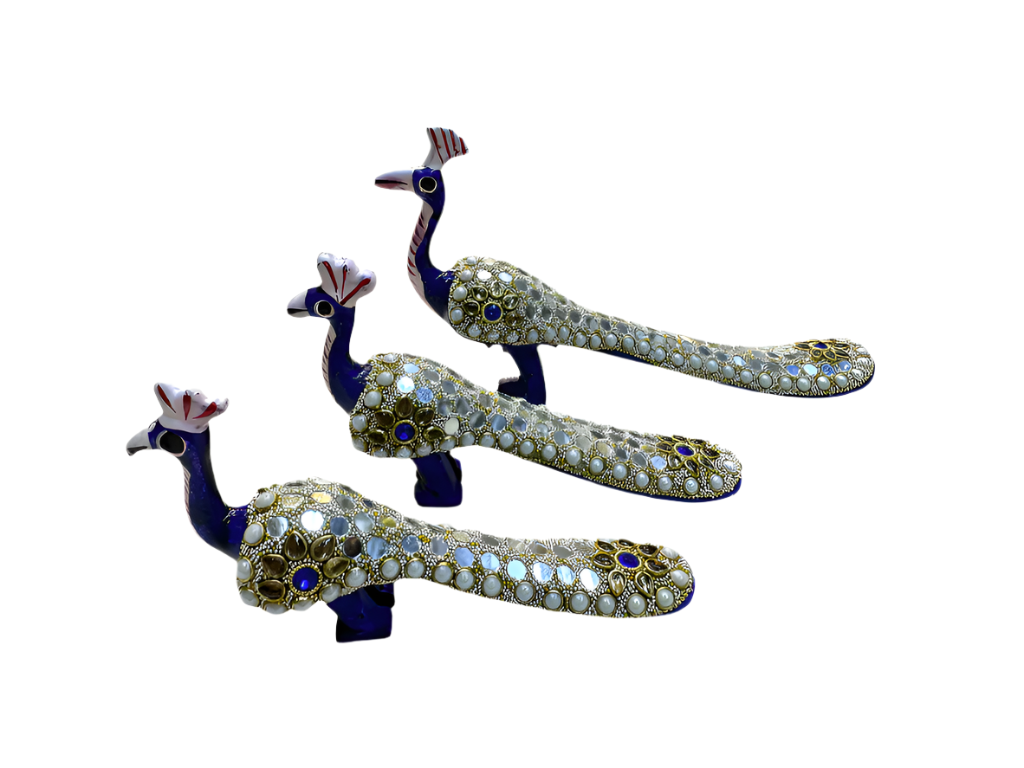 Jaipuri Handcrafted Beads And Mirror Work 3pc Peacock Family Set Showpiece For Decorate