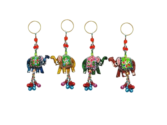 Handmade Wooden Hand-painted Elephant Multi colour Key Ring - Set of 12