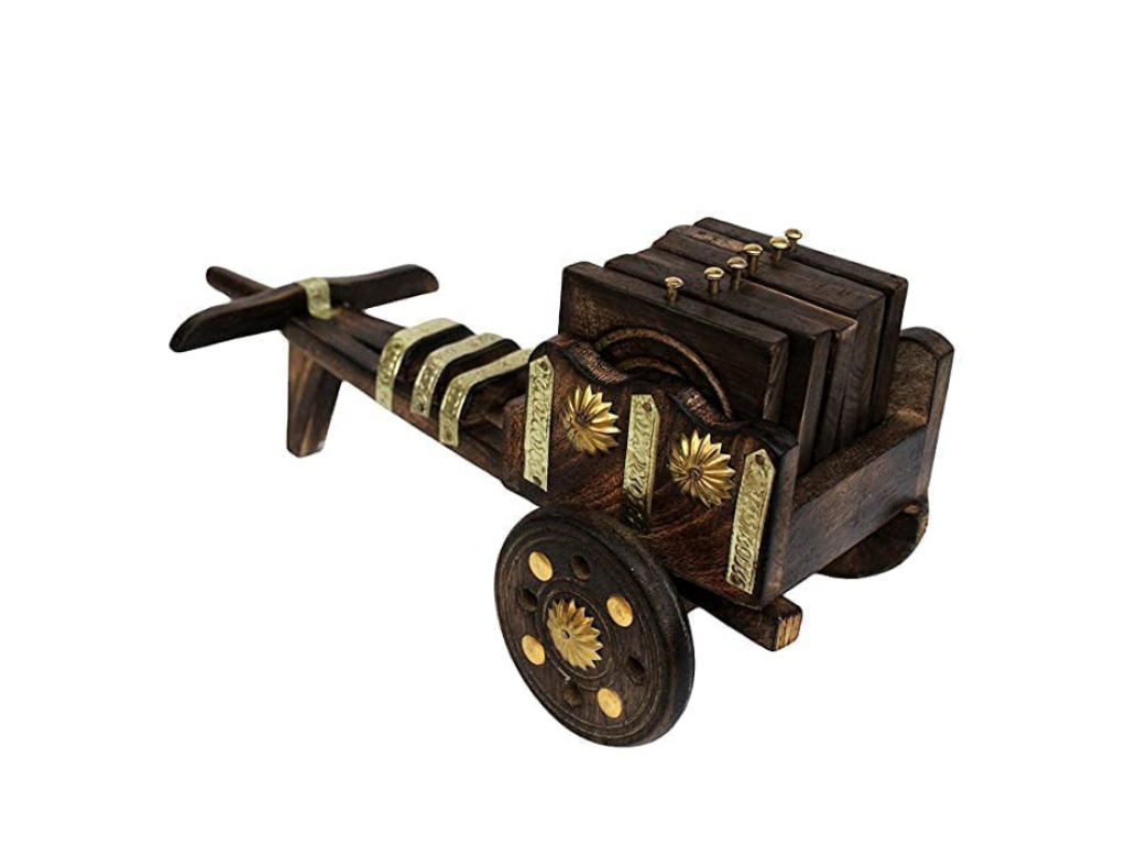 Handmade Wooden Bullock Cart Shaped Tea Coffee Coaster (Pack of 6)