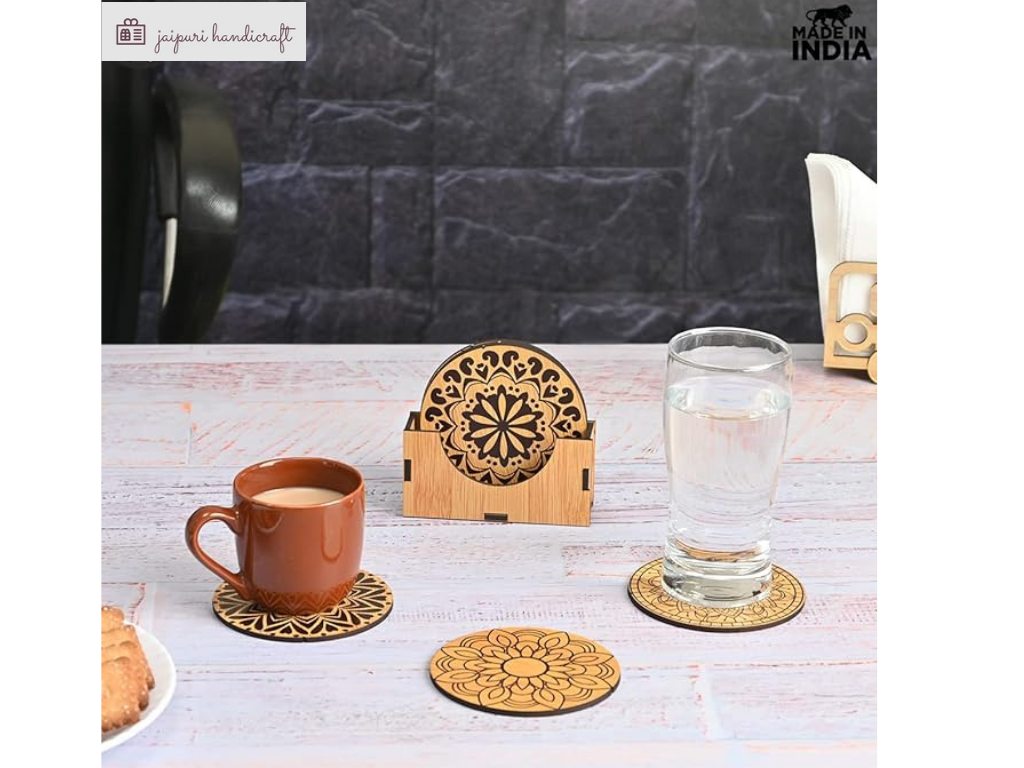 Jaipuri Handmade Coaster Set Of 6 Mandala Art Wooden Coasters With Proper Coaster Stand Coaster Set Fit For Tea Cups, Coffee Mugs And Glasses (3.5 X 3.5 Inch)