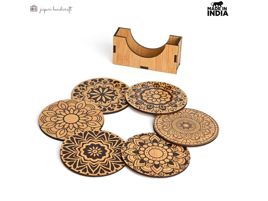 Jaipuri Handmade Coaster Set Of 6 Mandala Art Wooden Coasters With Proper Coaster Stand Coaster Set Fit For Tea Cups, Coffee Mugs And Glasses (3.5 X 3.5 Inch)