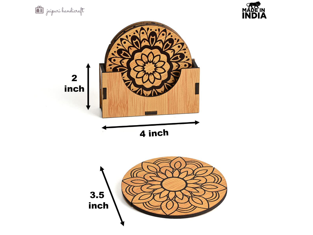 Jaipuri Handmade Coaster Set Of 6 Mandala Art Wooden Coasters With Proper Coaster Stand Coaster Set Fit For Tea Cups, Coffee Mugs And Glasses (3.5 X 3.5 Inch)