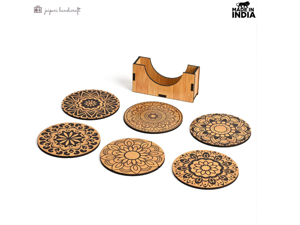 Jaipuri Handmade Coaster Set Of 6 Mandala Art Wooden Coasters With Proper Coaster Stand Coaster Set Fit For Tea Cups, Coffee Mugs And Glasses (3.5 X 3.5 Inch)