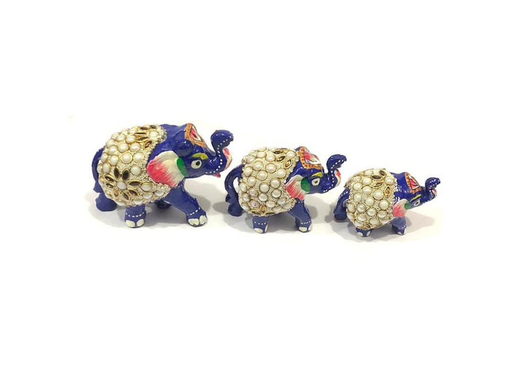 Handmade Wooden Hand Painted Lacquer And Pearl Work Elephant in set of 3