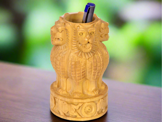 Indian Handmade Wooden Hand Carved Ashoka Pen Stand For Decor And Gift