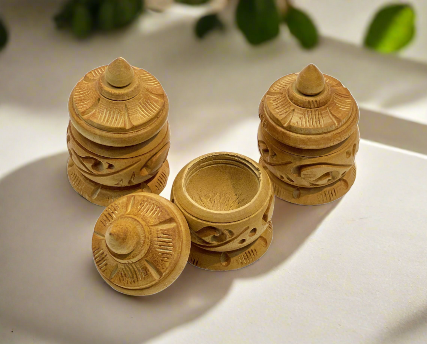 Hand Carved Wooden Earring , Sindoor And Pill Box