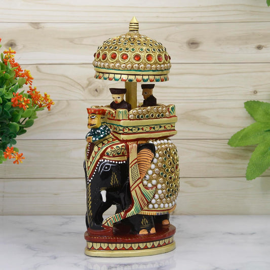 Jaipuri Wooden Rajasthani ( Ambavari) Elephant, Hand Carved and Adorned with Decorative Stone and Pearls Showpiece for Home Décor - 8 inch