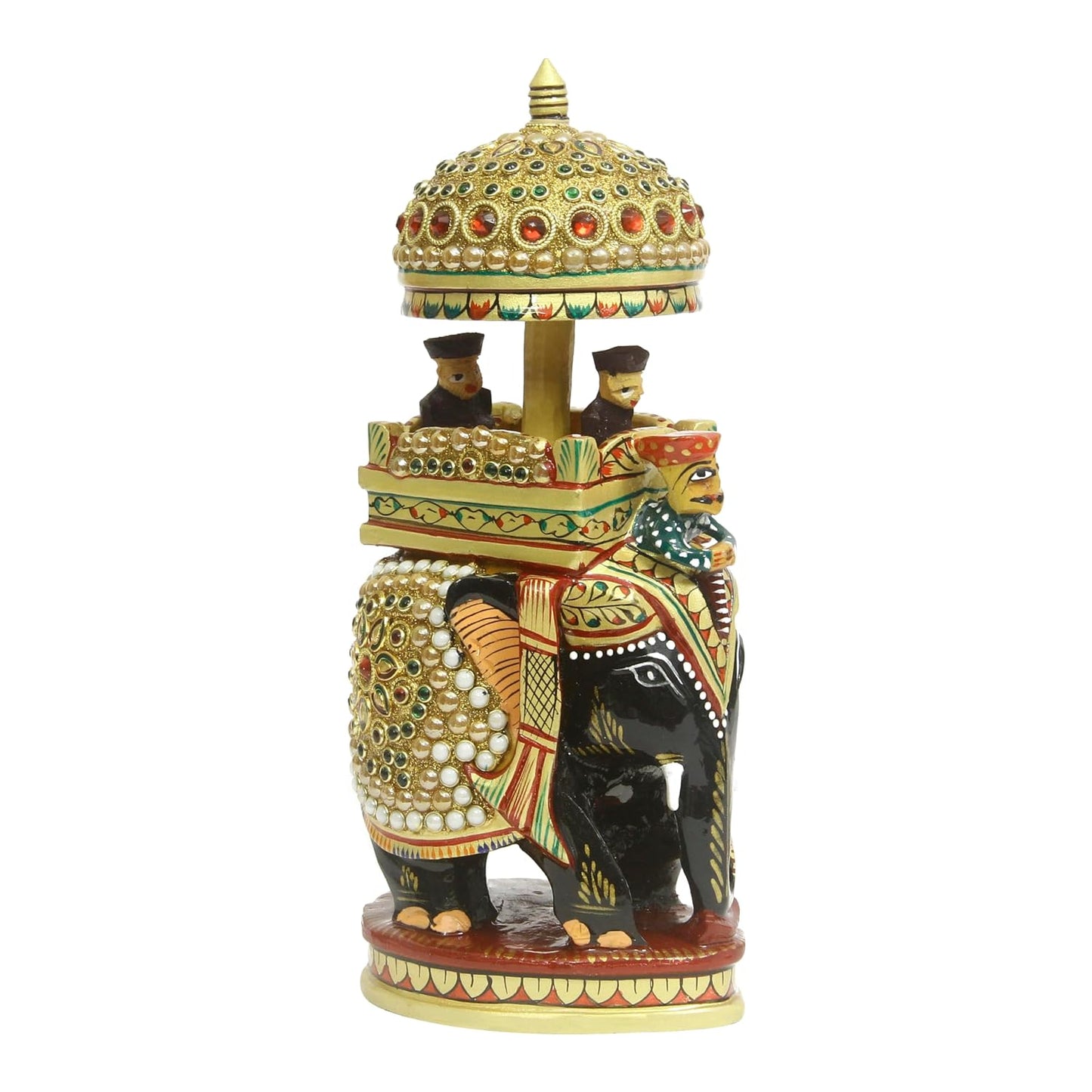 Jaipuri Wooden Rajasthani ( Ambavari) Elephant, Hand Carved and Adorned with Decorative Stone and Pearls Showpiece for Home Décor - 8 inch