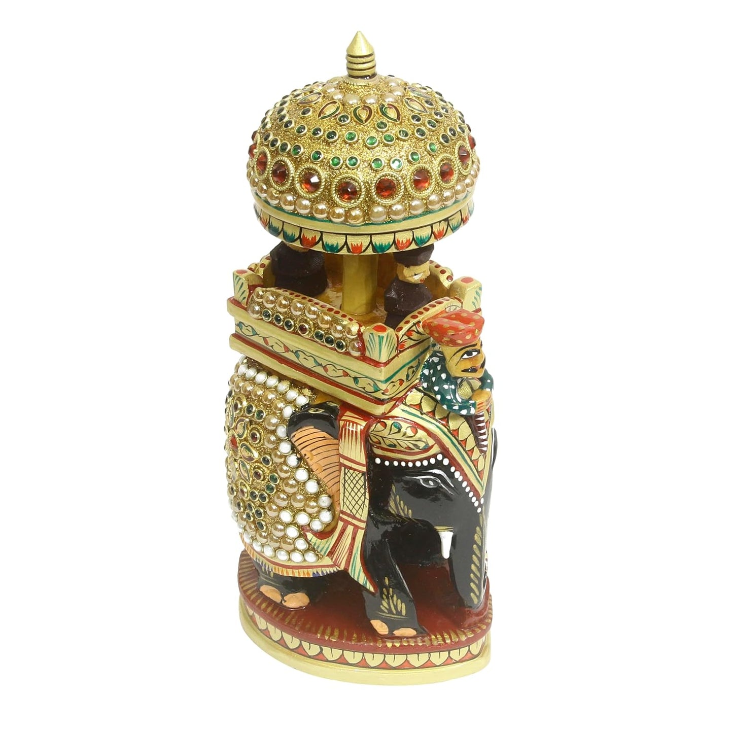 Jaipuri Wooden Rajasthani ( Ambavari) Elephant, Hand Carved and Adorned with Decorative Stone and Pearls Showpiece for Home Décor - 8 inch