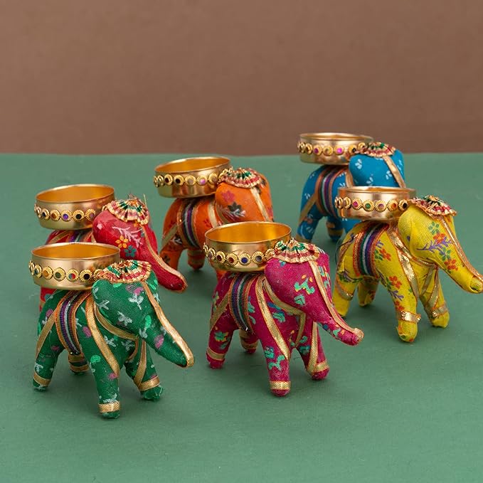 Indian Handcrafted Cotton Material Elephant Tealight Candle Holder Home Decoration And Gift In Pack Of 6