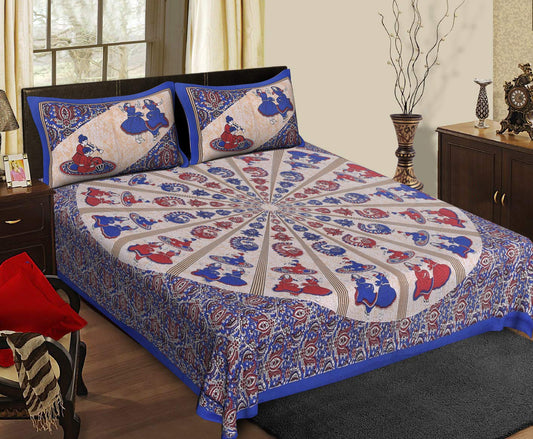 Jaipuri Pure Cotton 200 TC Traditional Hand Printed Bedsheet for Double King Size Bed with 2 Pillow