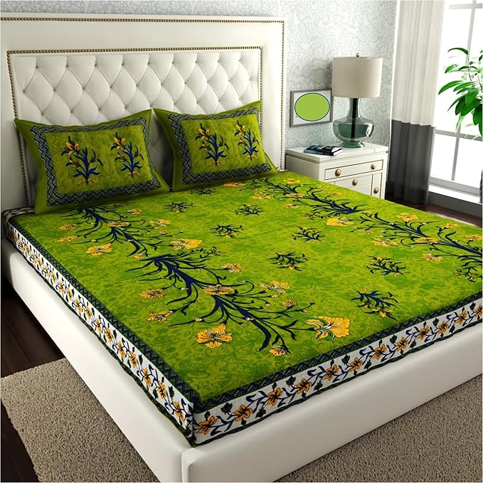 Rajasthani Jaipuri Traditional Sanganeri Print 144 TC Cotton King Size Bedsheet with 2 Pillow Covers -(Green)