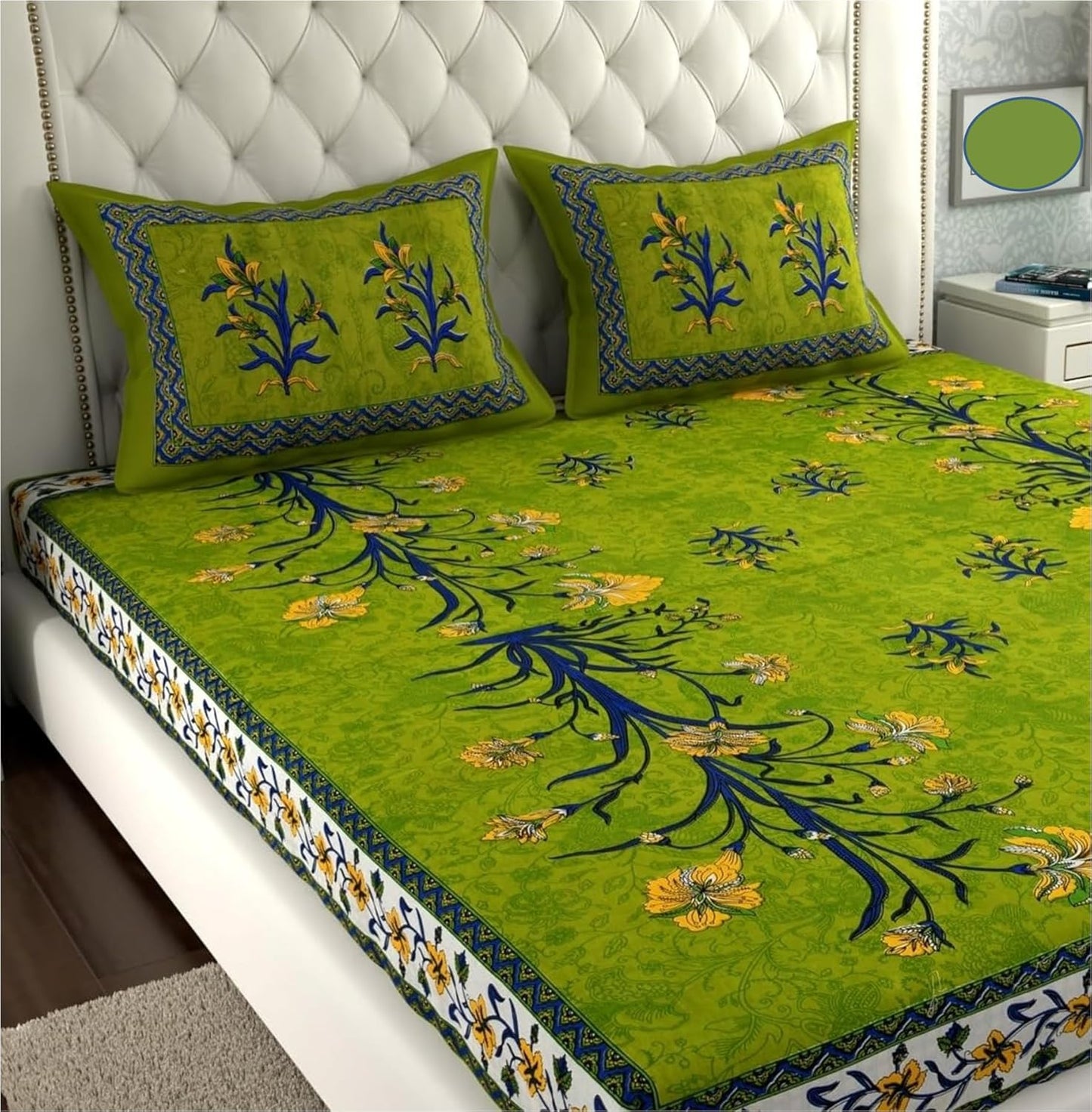 Rajasthani Jaipuri Traditional Sanganeri Print 144 TC Cotton King Size Bedsheet with 2 Pillow Covers -(Green)