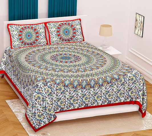 Jaipuri Comfort Rajasthani Traditional Sanganeri Print 144 TC Cotton Double Bedsheet with 2 Pillow Covers - King