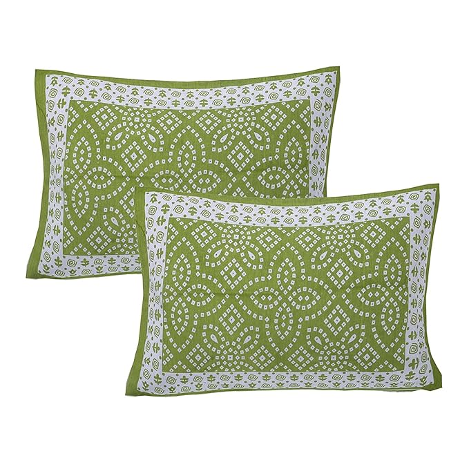 Rajasthani Jaipuri Traditional Luxury Sanganeri Print 144 TC Cotton Double Size Bedsheet with 2 Pillow Covers - Green