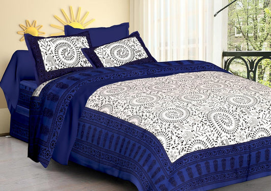 Rajasthani Jaipuri Traditional Luxury Sanganeri Print 144 TC Cotton Double Size Bedsheet with 2 Pillow Covers -Blue