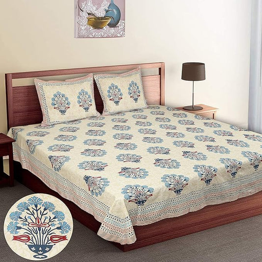 Jaipuri 300 TC 100% Cotton Hand Block Sanganeri Rajasthani Jaipuri Print Bedsheet for Double Bed with 2 King Size Pillow Covers | 90x100 Inches (Floral Blue)