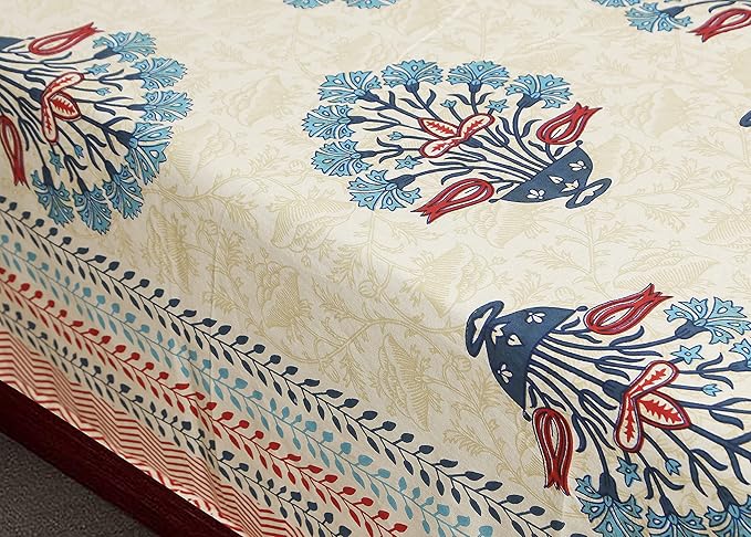 Jaipuri 300 TC 100% Cotton Hand Block Sanganeri Rajasthani Jaipuri Print Bedsheet for Double Bed with 2 King Size Pillow Covers | 90x100 Inches (Floral Blue)