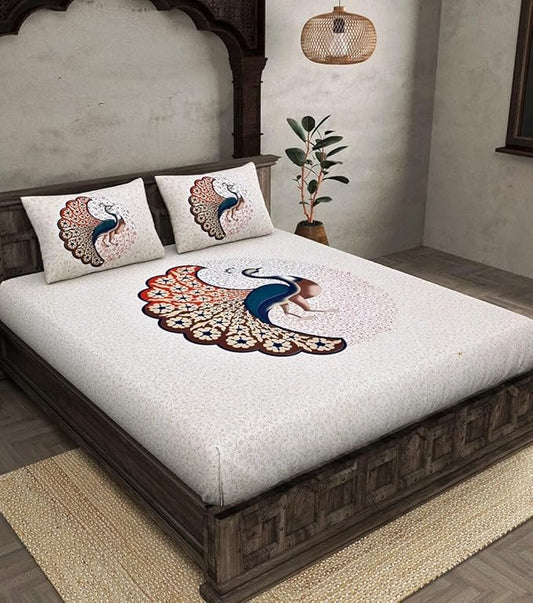 Jaipuri Rajasthani Traditional Sanganeri Peacock Print 144 TC 100% Cotton Double Size Bedsheet with 2 Pillow Covers