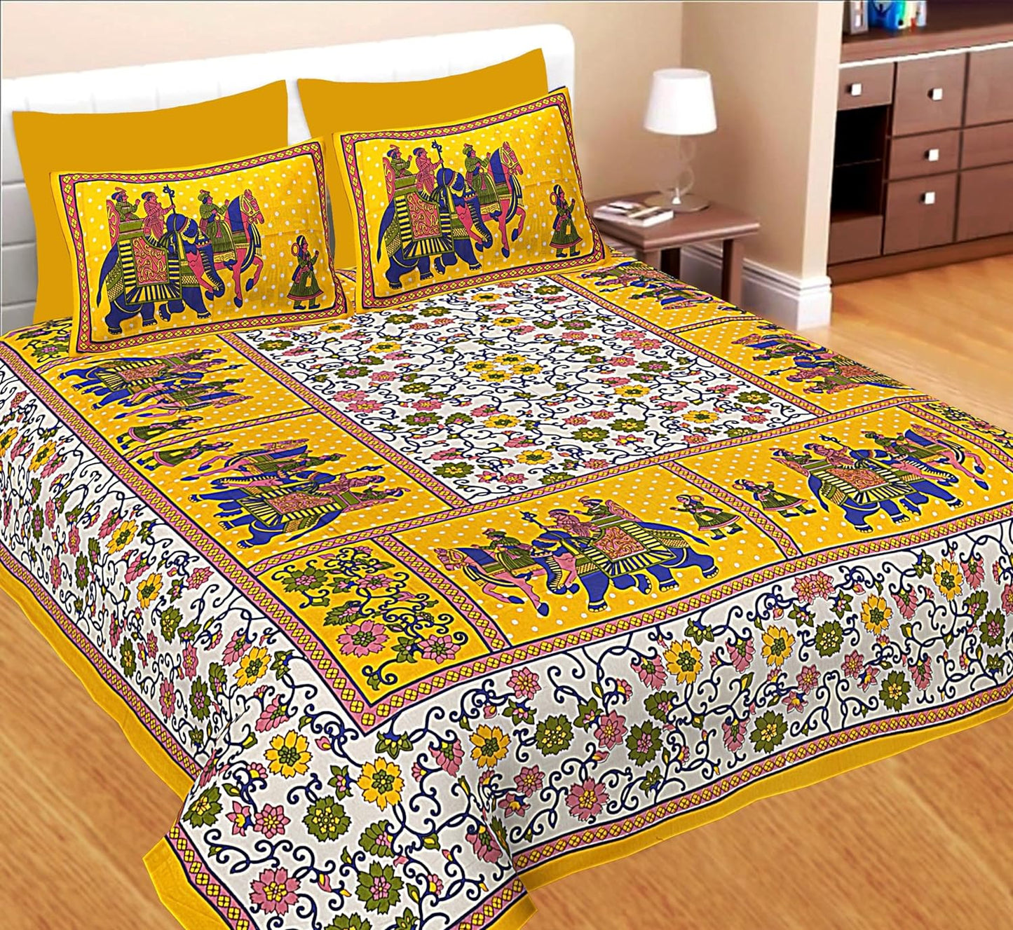 Jaipuri Printed 100% Cotton Traditional Bedsheet for Double Bed King Size with 2 Pillow Covers for Home