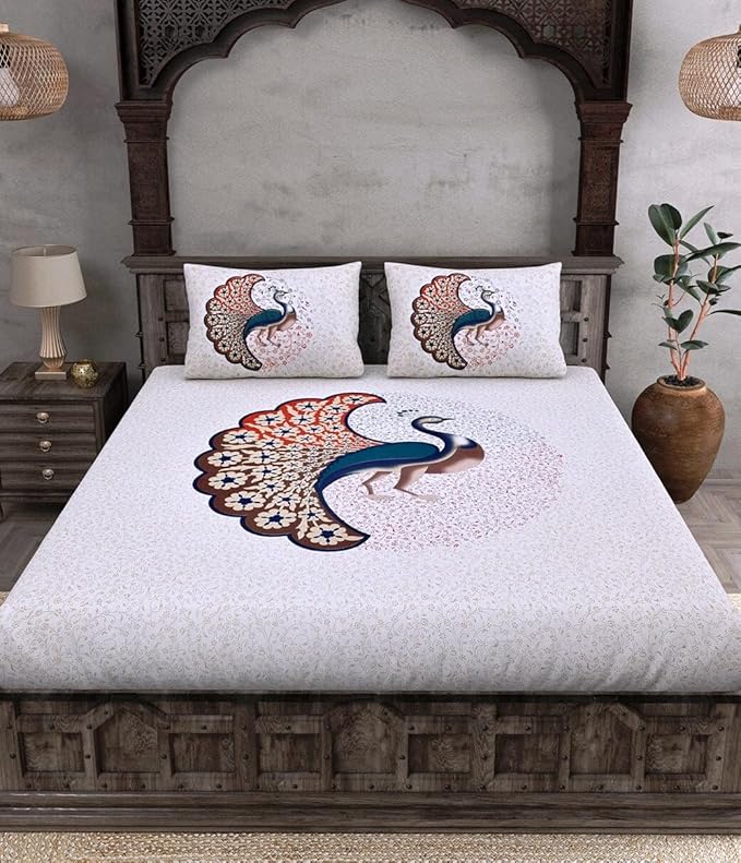 Jaipuri Rajasthani Traditional Sanganeri Peacock Print 144 TC 100% Cotton Double Size Bedsheet with 2 Pillow Covers