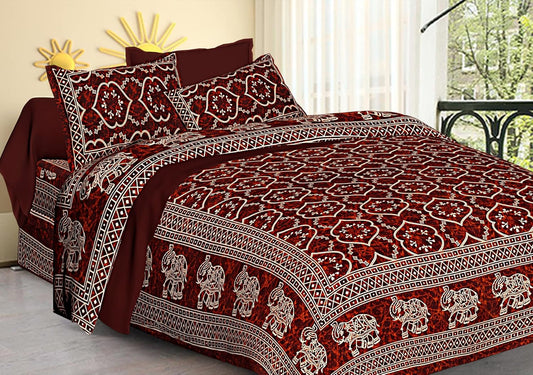 Rajasthani Jaipuri Traditional Sanganeri Print 451 TC Cotton Double Size Bedsheet with 2 Pillow Covers (90X108 INCH) (Maroon)