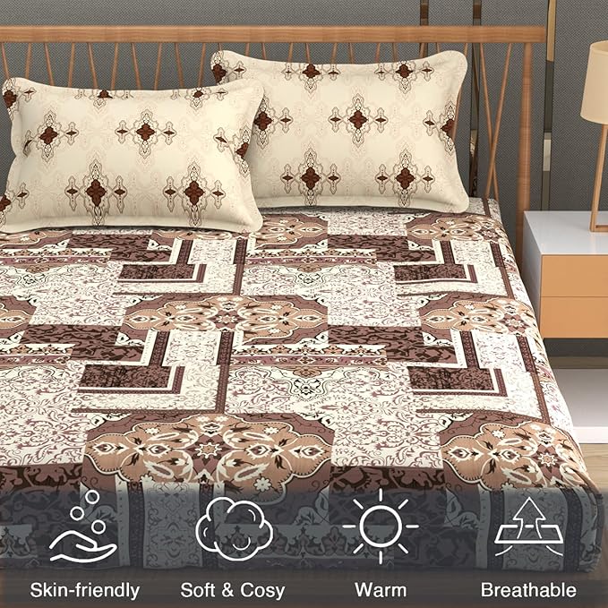 Jaipuri Microfiber Cotton Bedsheet King Size | 240 TC King Size Soft Bed Cover with 2 Pillow Cover | Hypoallergenic Bedsheet for Double Bed | Anti Fade and Printed (108x108 Inches, Coffee)