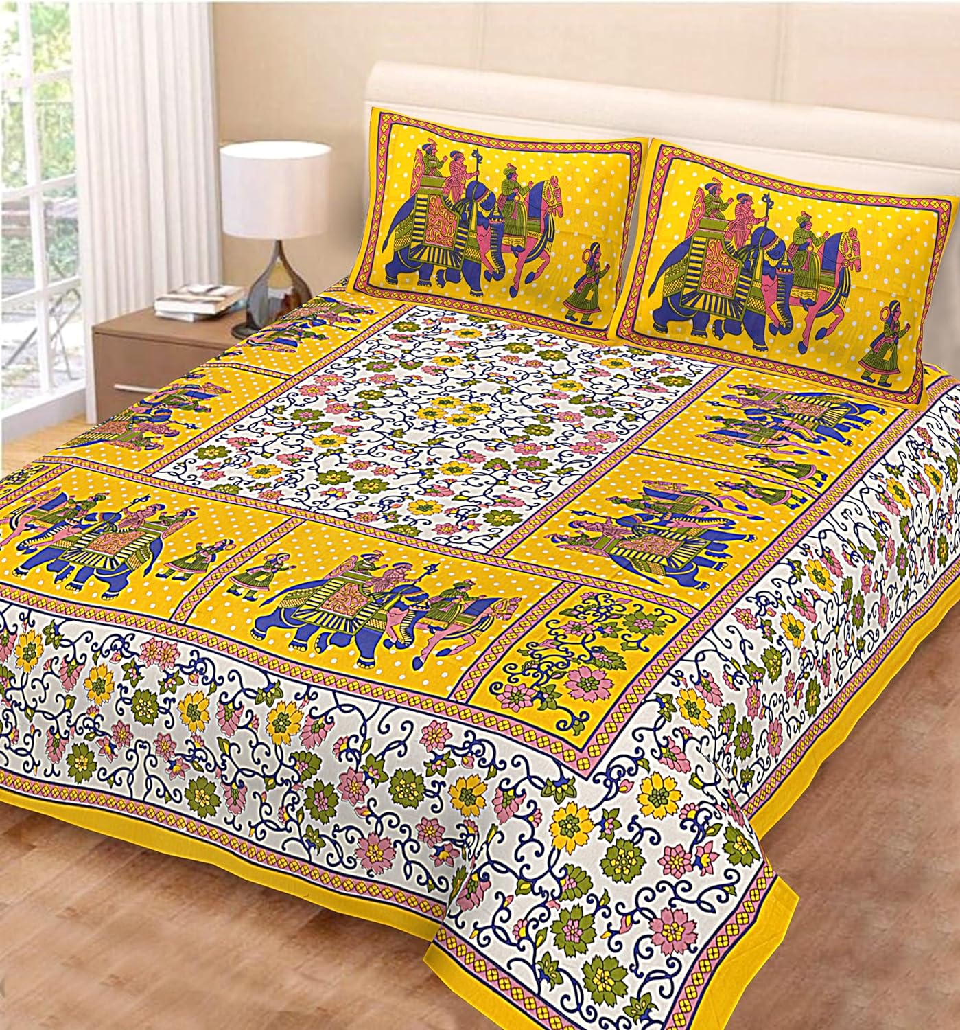 Jaipuri Printed 100% Cotton Traditional Bedsheet for Double Bed King Size with 2 Pillow Covers for Home