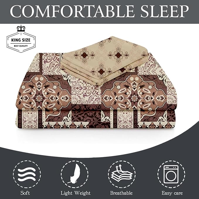 Jaipuri Microfiber Cotton Bedsheet King Size | 240 TC King Size Soft Bed Cover with 2 Pillow Cover | Hypoallergenic Bedsheet for Double Bed | Anti Fade and Printed (108x108 Inches, Coffee)