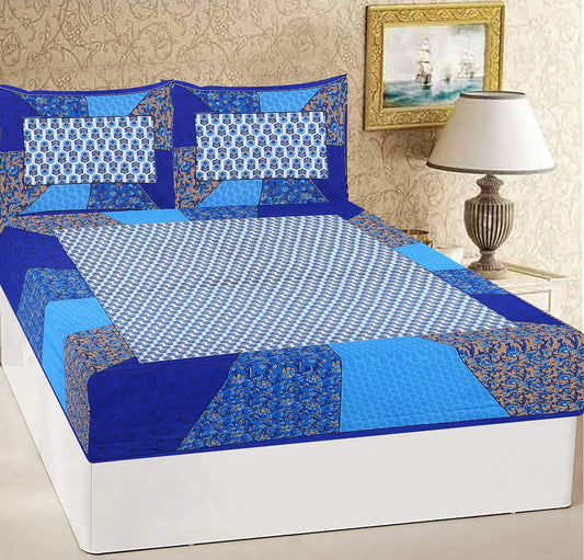 Rajasthani Jaipuri Traditional Sanganeri Print 144 TC Cotton King Size Bedsheet with 2 Pillow Covers -(Blue)