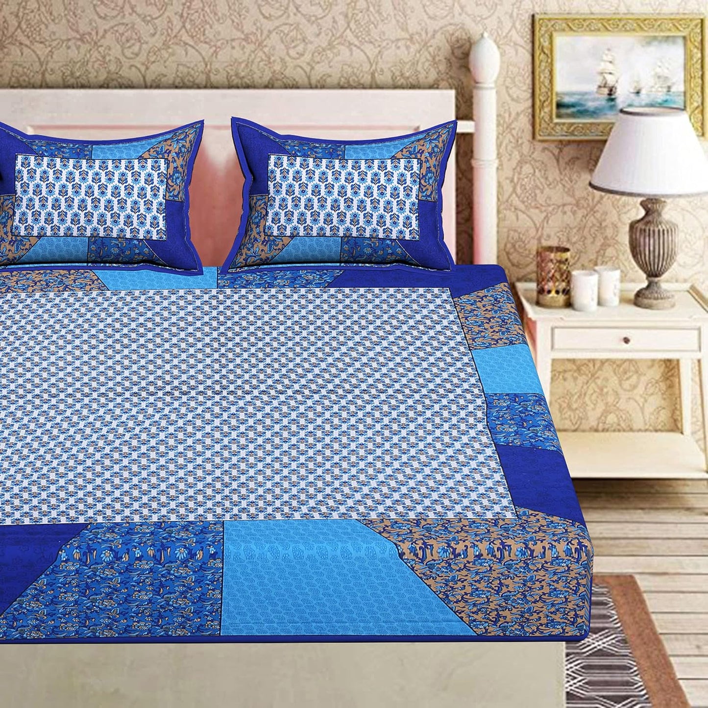 Rajasthani Jaipuri Traditional Sanganeri Print 144 TC Cotton King Size Bedsheet with 2 Pillow Covers -(Blue)