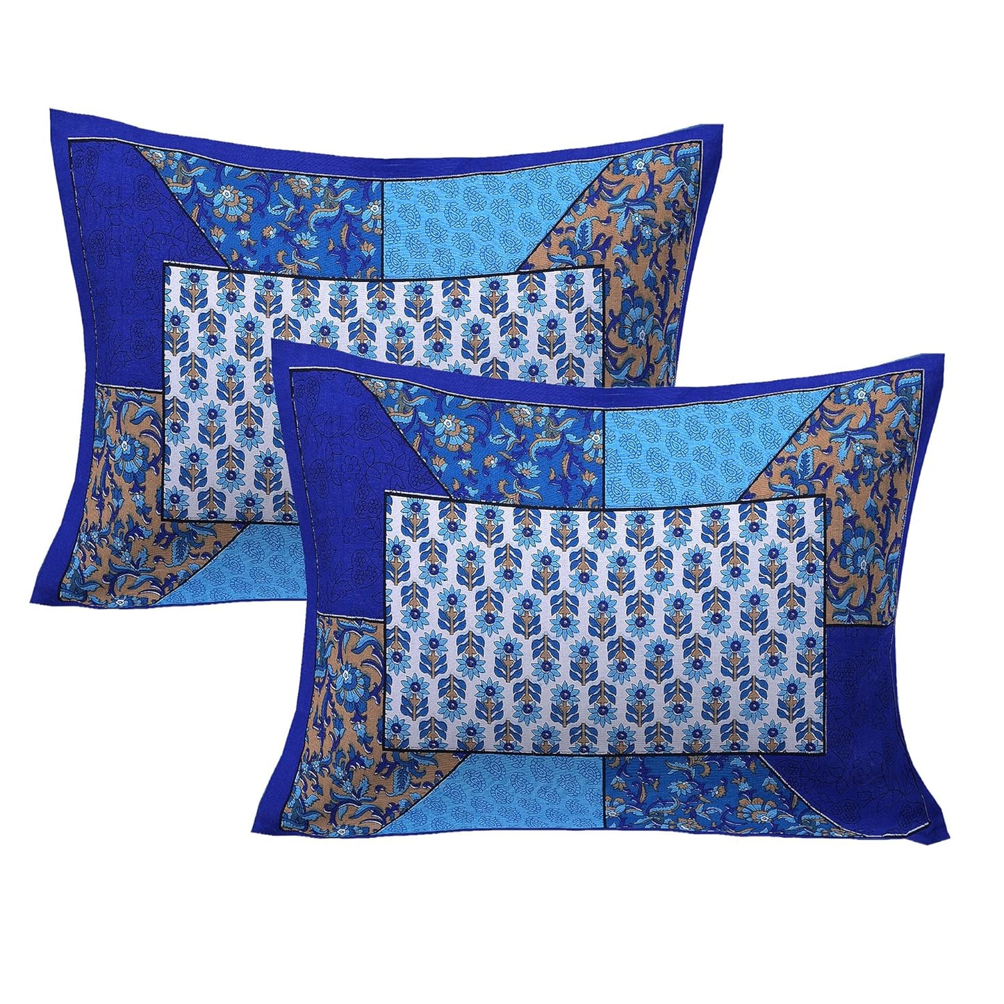 Rajasthani Jaipuri Traditional Sanganeri Print 144 TC Cotton King Size Bedsheet with 2 Pillow Covers -(Blue)