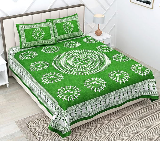 Rajasthani Jaipuri Traditional Sanganeri Print 144 TC Cotton King Size Bedsheet with 2 Pillow Covers -(Green)