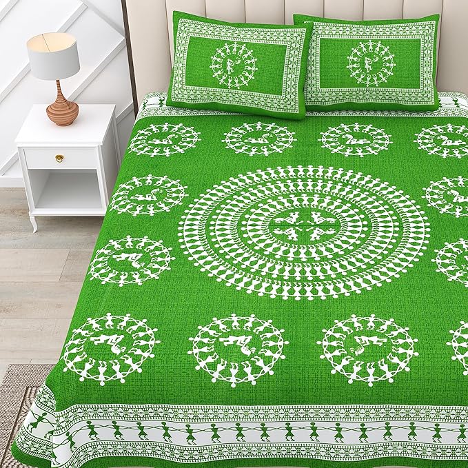 Rajasthani Jaipuri Traditional Sanganeri Print 144 TC Cotton King Size Bedsheet with 2 Pillow Covers -(Green)