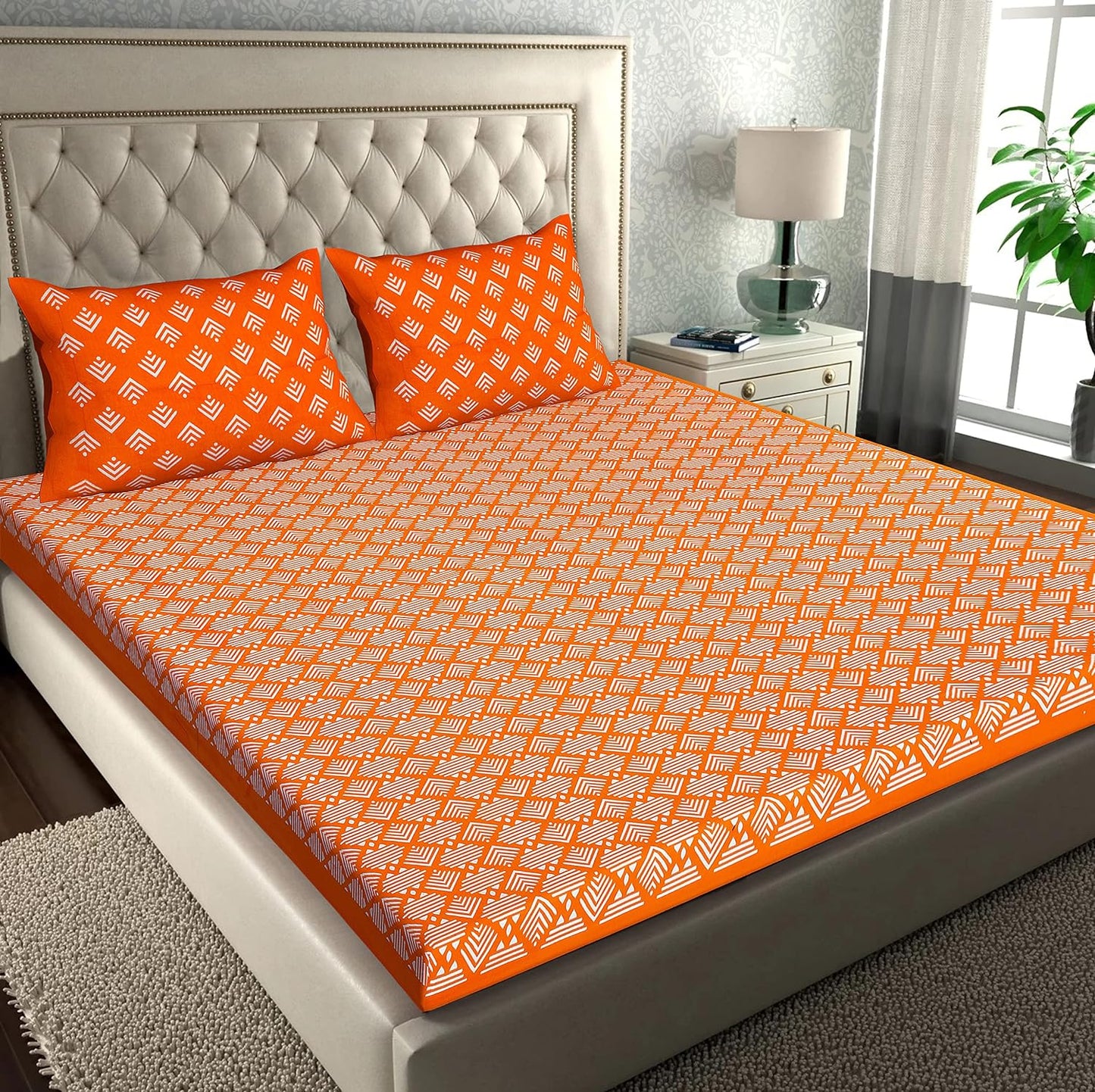 Rajasthani Jaipuri Traditional Sanganeri Print 144 TC Cotton King Size Bedsheet with 2 Pillow Covers -(Orange)