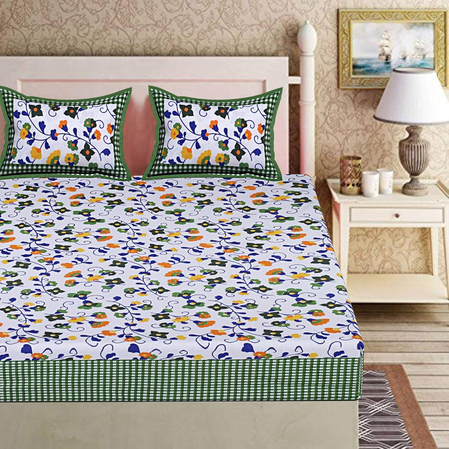 Rajasthani Jaipuri Traditional Sanganeri Print 144 TC Cotton King Size Bedsheet with 2 Pillow Covers -(Green)