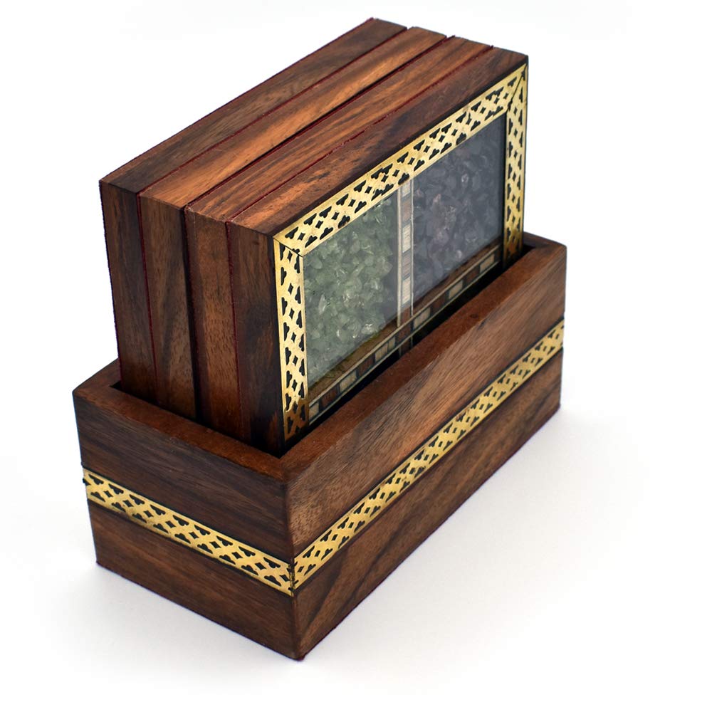 Wooden Handmade Brass Inlay Work 4pc Gem Stone Coaster