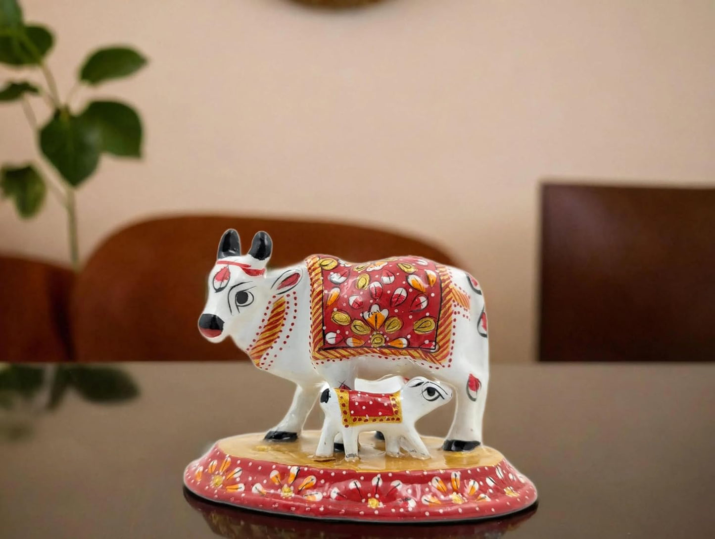 Handmade Metal Kamdhenu Cow Figurine With Baby For Home Decor And Good Luck