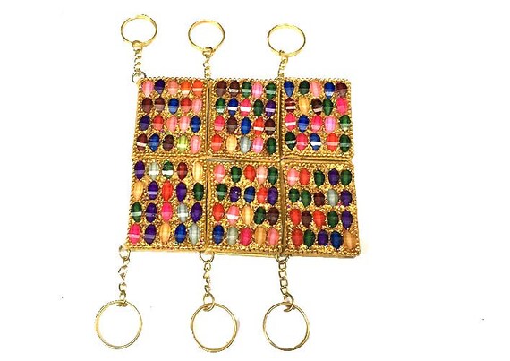 Decorative Handmade Golden Color Lacquer Work Diary Key Chain In Set Of 6