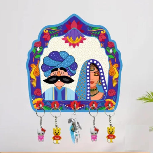 Handmade Wooden MDF Printd 5 Stainless Steel Hooks Key Holder for Home Decor, Rajasthani Design Printed Key Holder (8 X 8 Inch)