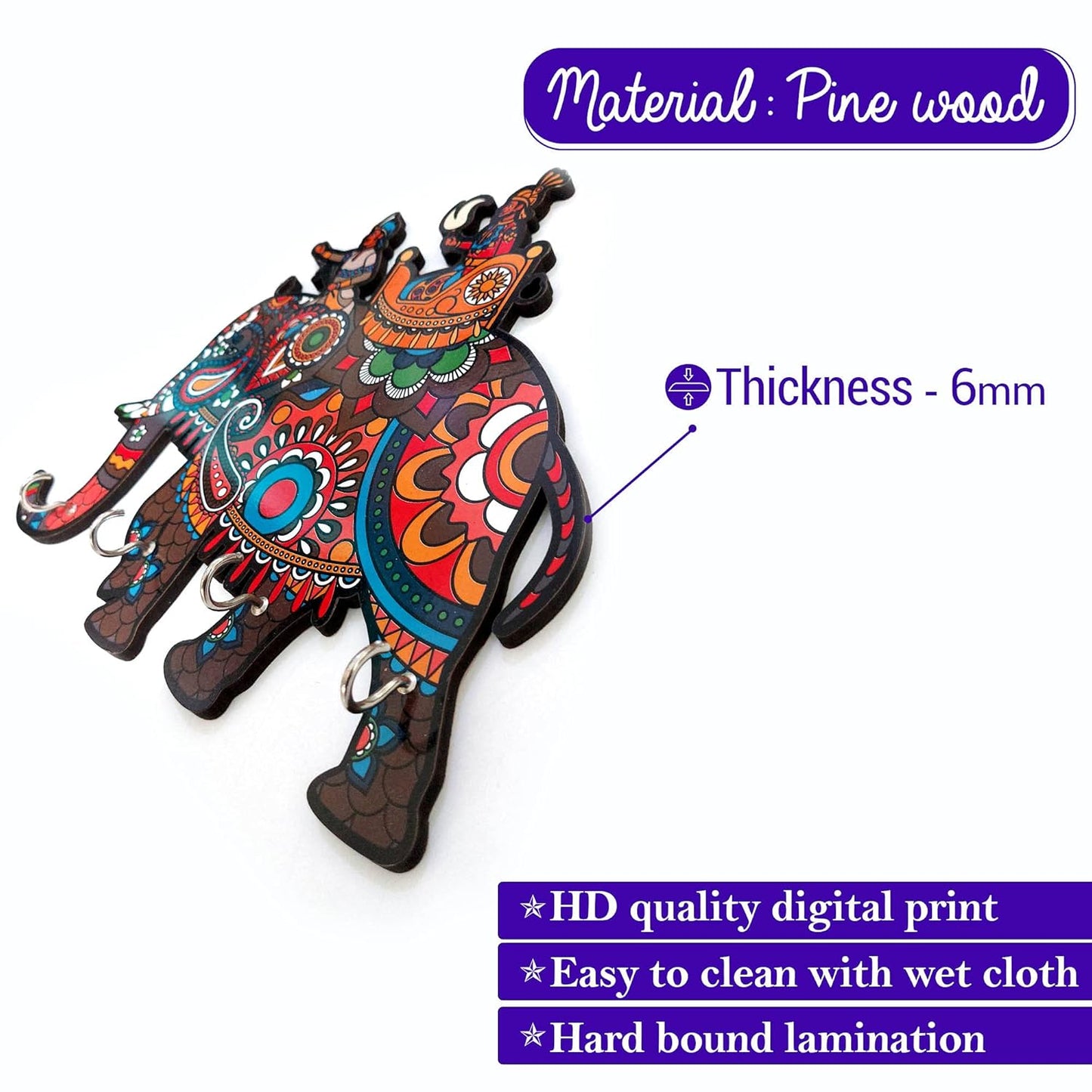 Jaipuri Handmade Elephant Design Wall Mount Wooden Key Holder For Home Decor And Gift