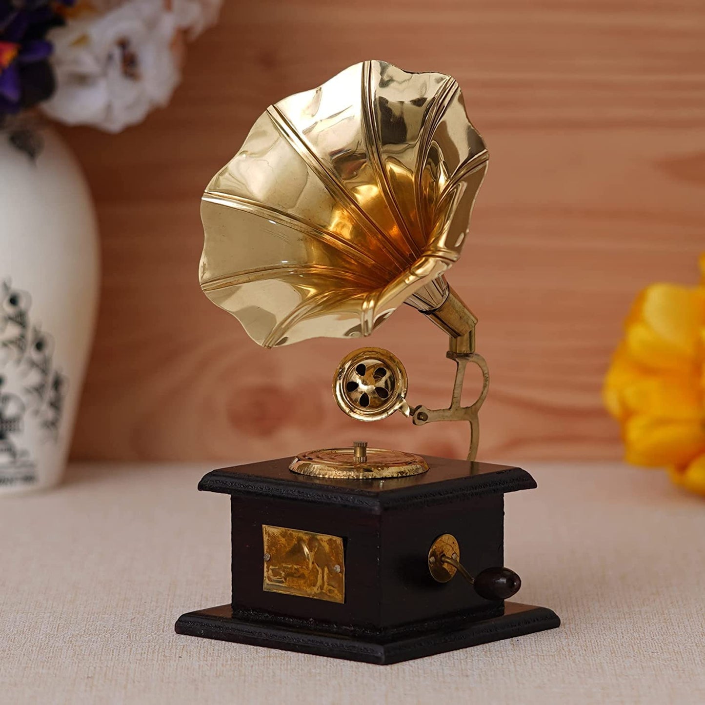 Jaipuri Vintage Sparkle Square Gramophone Showpiece - 23 cm (Brass, Brown, Gold Finish)"