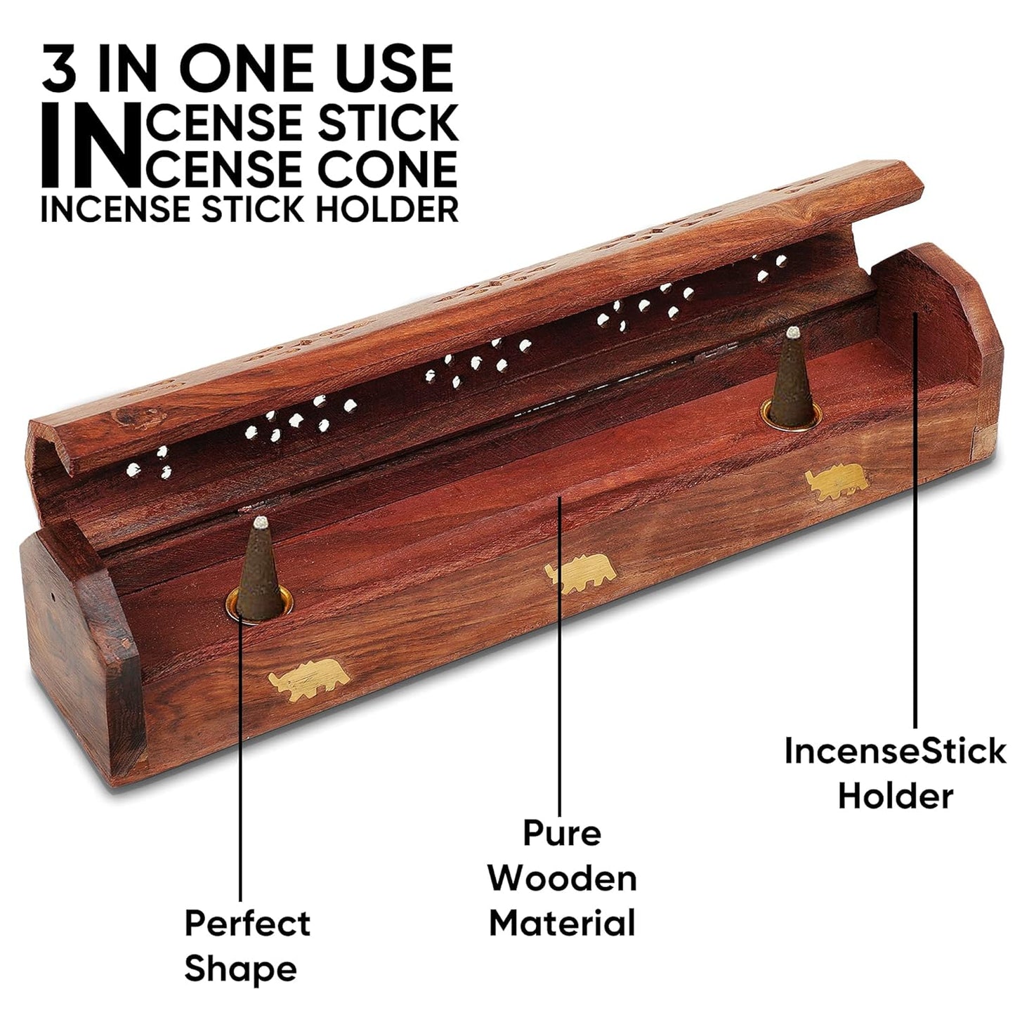 Handmade Rosewood And Brass Incense Cone With Incense Stick Holder