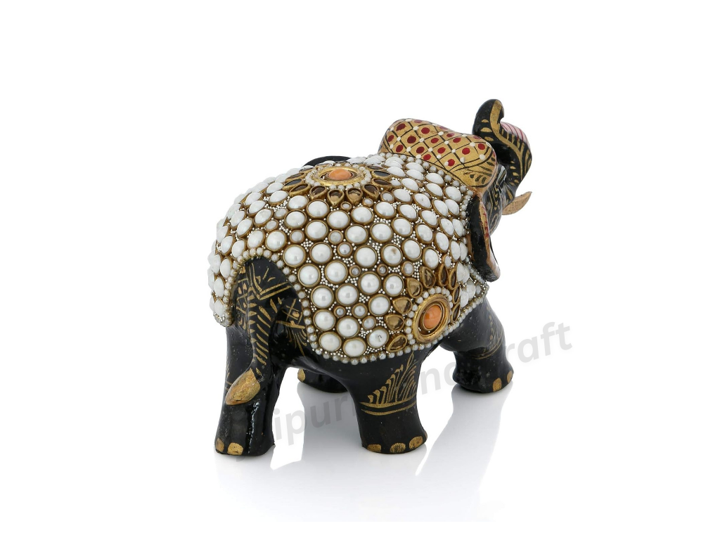 Handmade Wooden Elephant With Pearl Work For Decor
