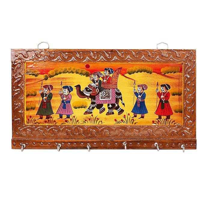 Handcrafted Rajasthani Jaipuri Wooden Wall Hanging Key Holder with 6 Hooks – Artistic Home Decor and Gift Items