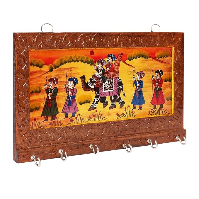 Handcrafted Rajasthani Jaipuri Wooden Wall Hanging Key Holder with 6 Hooks – Artistic Home Decor and Gift Items