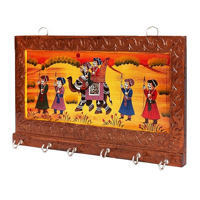 Handcrafted Rajasthani Jaipuri Wooden Wall Hanging Key Holder with 6 Hooks – Artistic Home Decor and Gift Items