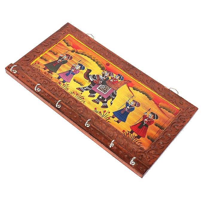 Handcrafted Rajasthani Jaipuri Wooden Wall Hanging Key Holder with 6 Hooks – Artistic Home Decor and Gift Items