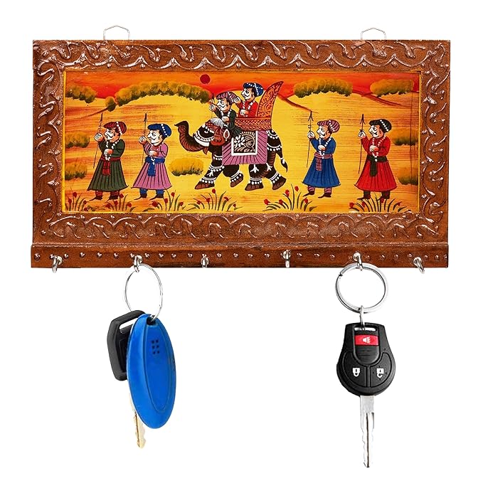 Handcrafted Rajasthani Jaipuri Wooden Wall Hanging Key Holder with 6 Hooks – Artistic Home Decor and Gift Items